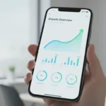 A modern smartphone displaying a beautifully designed app interface with analytics graphs showing growth metrics