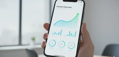 A modern smartphone displaying a beautifully designed app interface with analytics graphs showing growth metrics