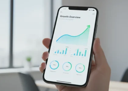 A modern smartphone displaying a beautifully designed app interface with analytics graphs showing growth metrics