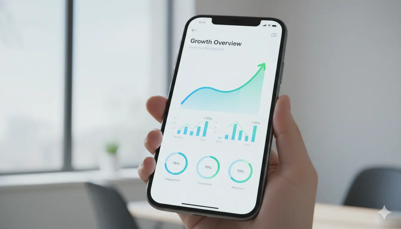 A modern smartphone displaying a beautifully designed app interface with analytics graphs showing growth metrics