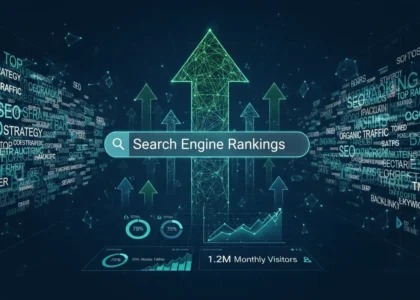A-visual-representation-of-search-engine-rankings-with-upward-arrows-keyword-clouds-and-traffic-analytics.