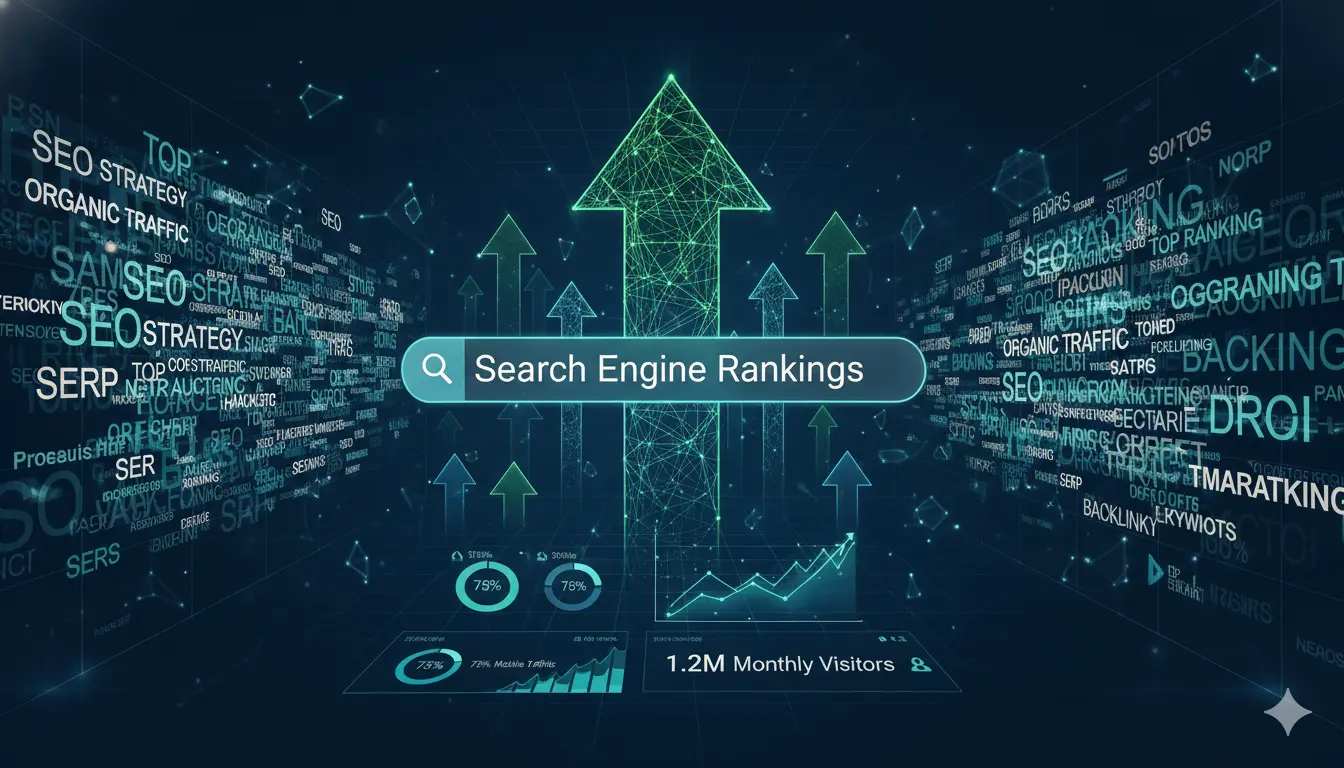 A-visual-representation-of-search-engine-rankings-with-upward-arrows-keyword-clouds-and-traffic-analytics.